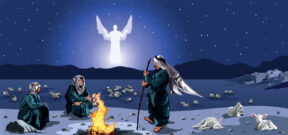 Angel appearing in night sky to seated shepherds announces God's goodwill toward men