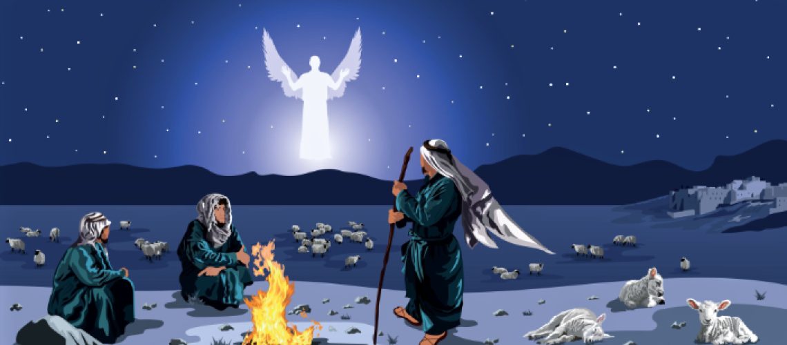 Angel appearing in night sky to seated shepherds announces God's goodwill toward men
